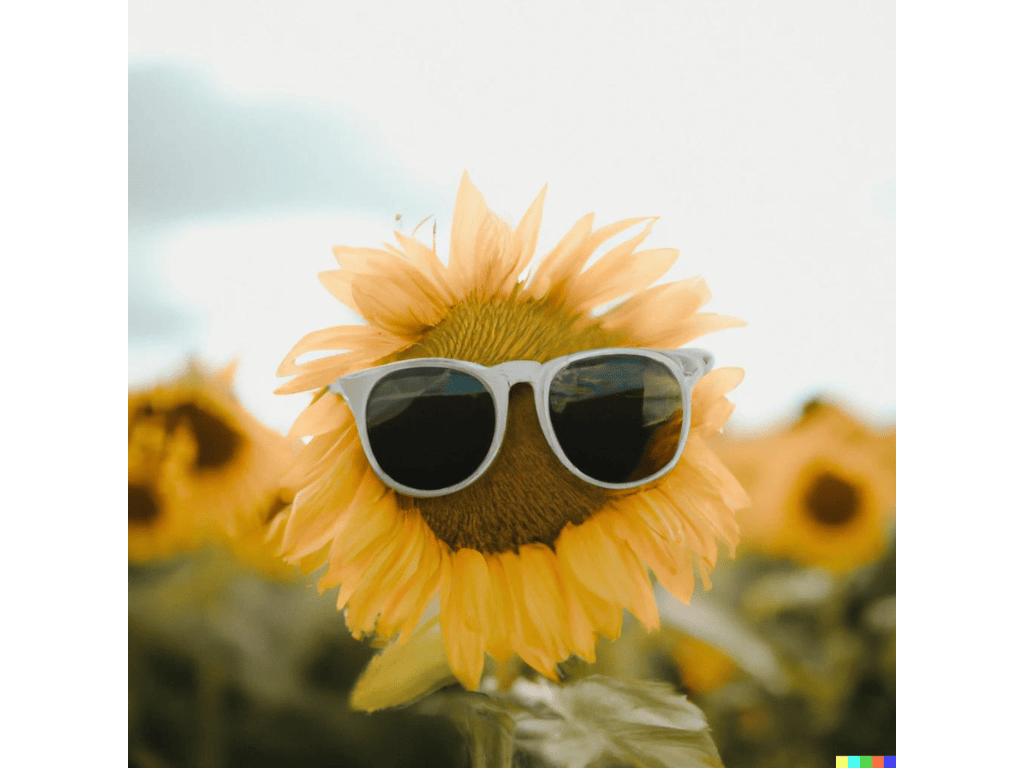 Prompt Dall-e : Une image d'un tournesol avec des lunettes de soleil au milieu d’un champ de fleurs par une journée ensoleillée 